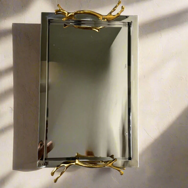 Mirror tray with gold handles