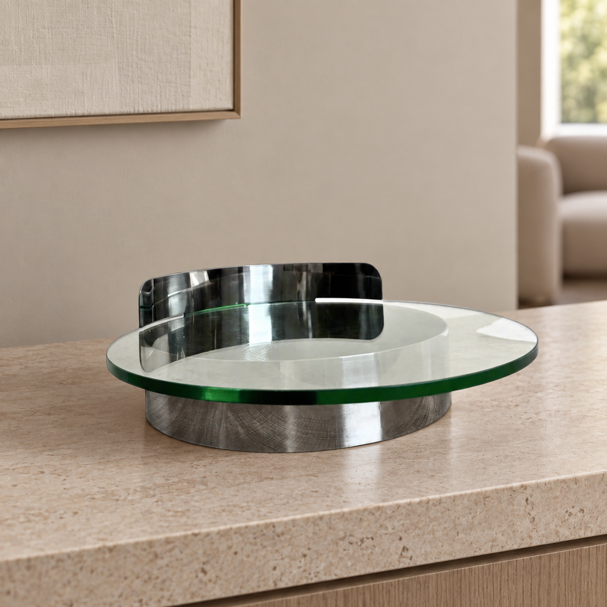 Glass tray on metal stand — lifestyle