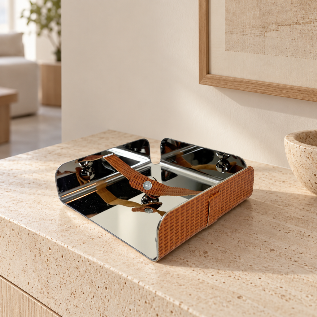 Metal + leather tissue holder — lifestyle