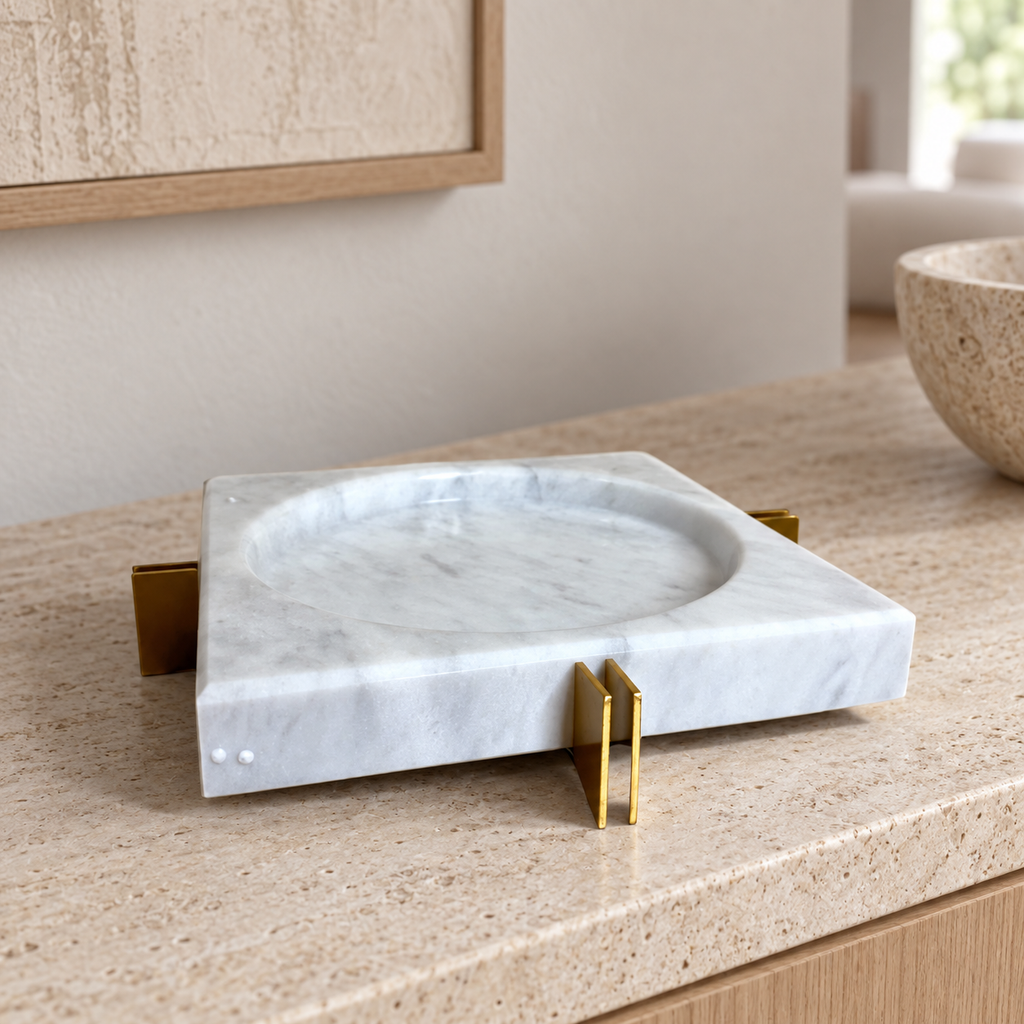 Square marble ashtray, metal stand — lifestyle