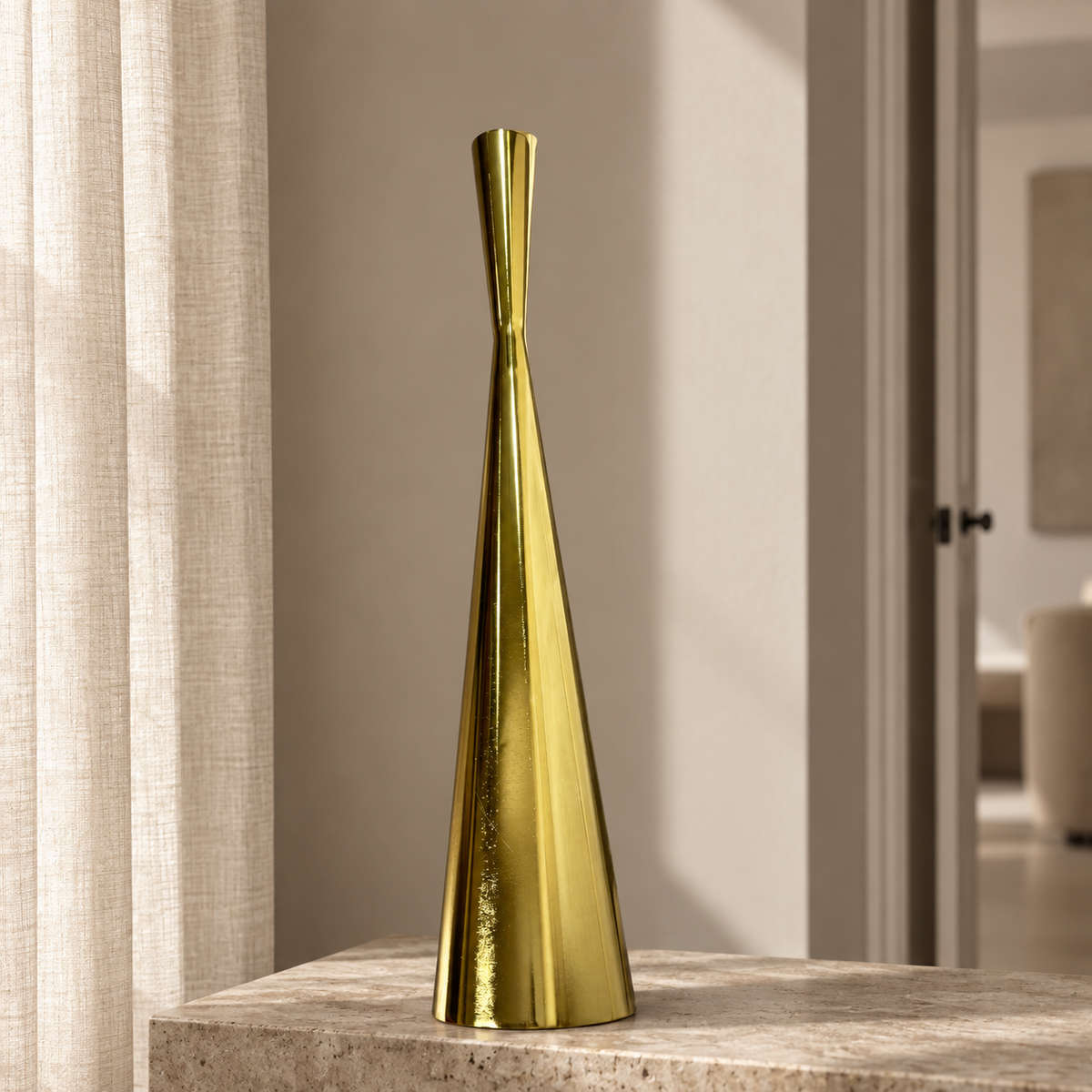 Tall stainless steel gold vase — lifestyle