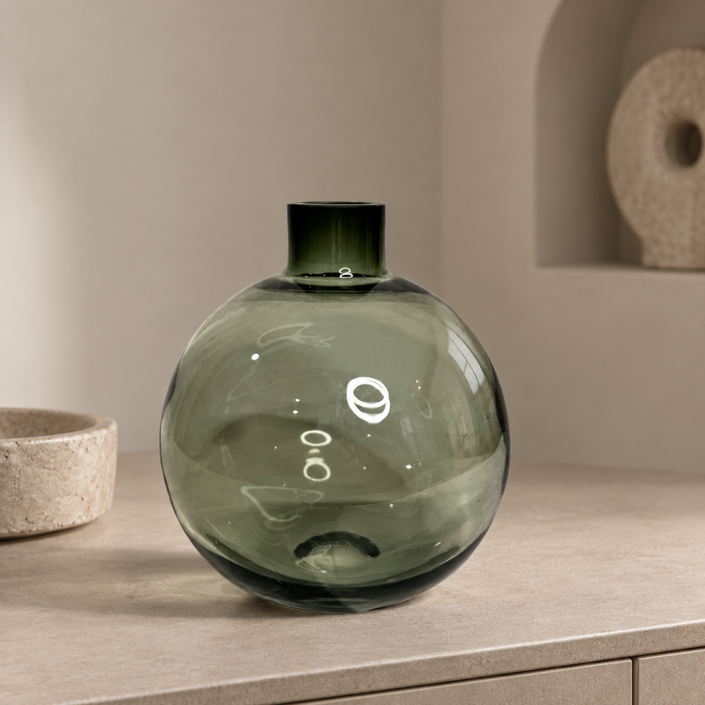 Round smoked glass vase — lifestyle