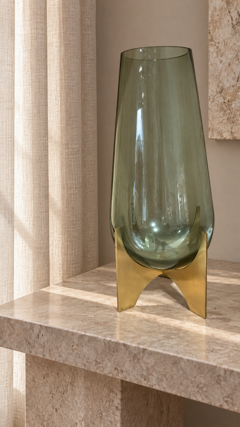 Glass vase on metal stand (TALL) — lifestyle