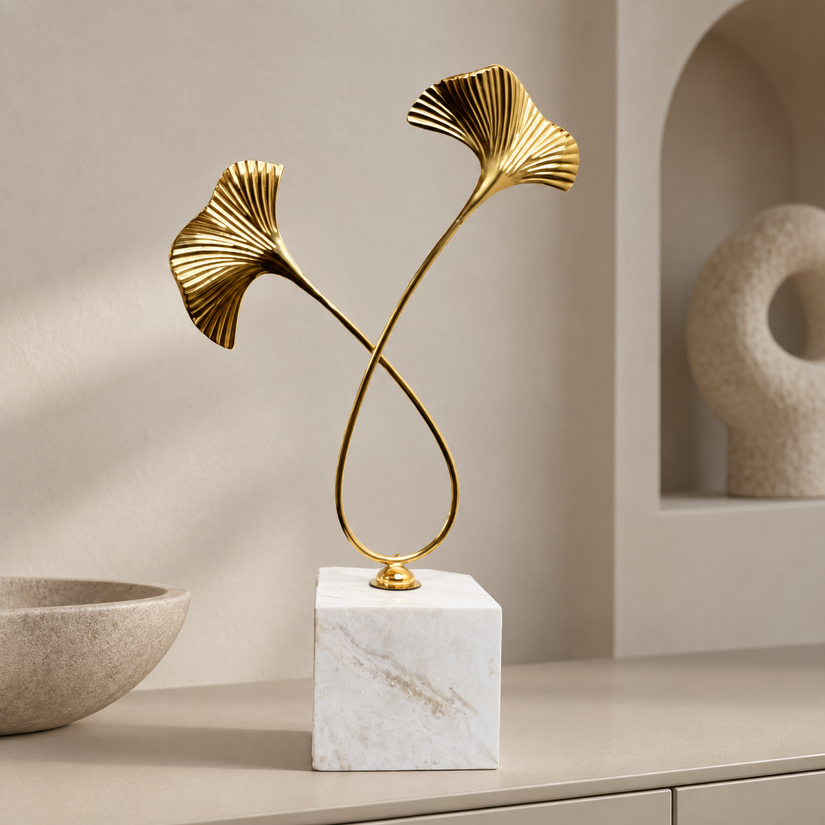 Metal flower with marble base — lifestyle