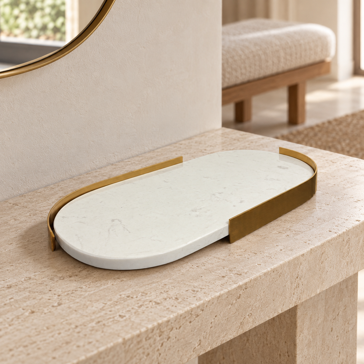 Marble oval tray with gold edge — lifestyle