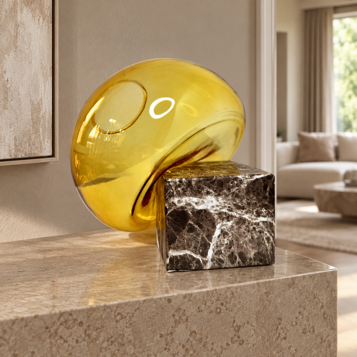 Gold vase on a square stand — lifestyle