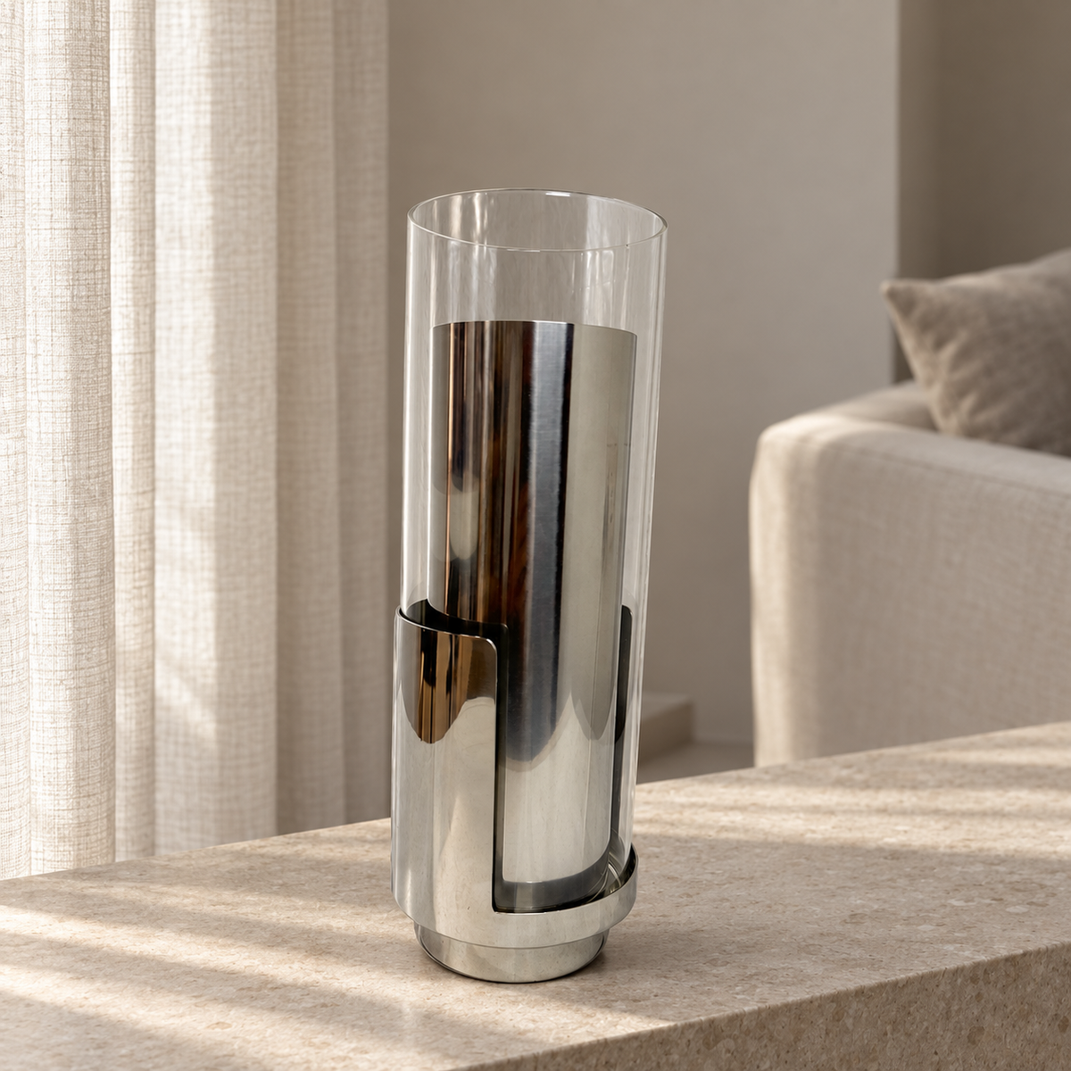 Stainless steel glass and metal vase — lifestyle