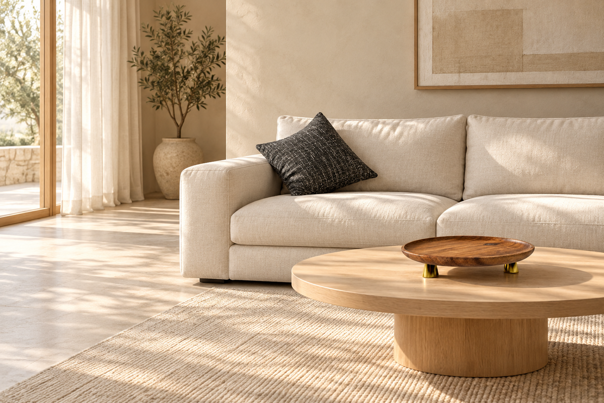 Warm neutral living room with a cream sofa, charcoal woven cushion and wooden tray
